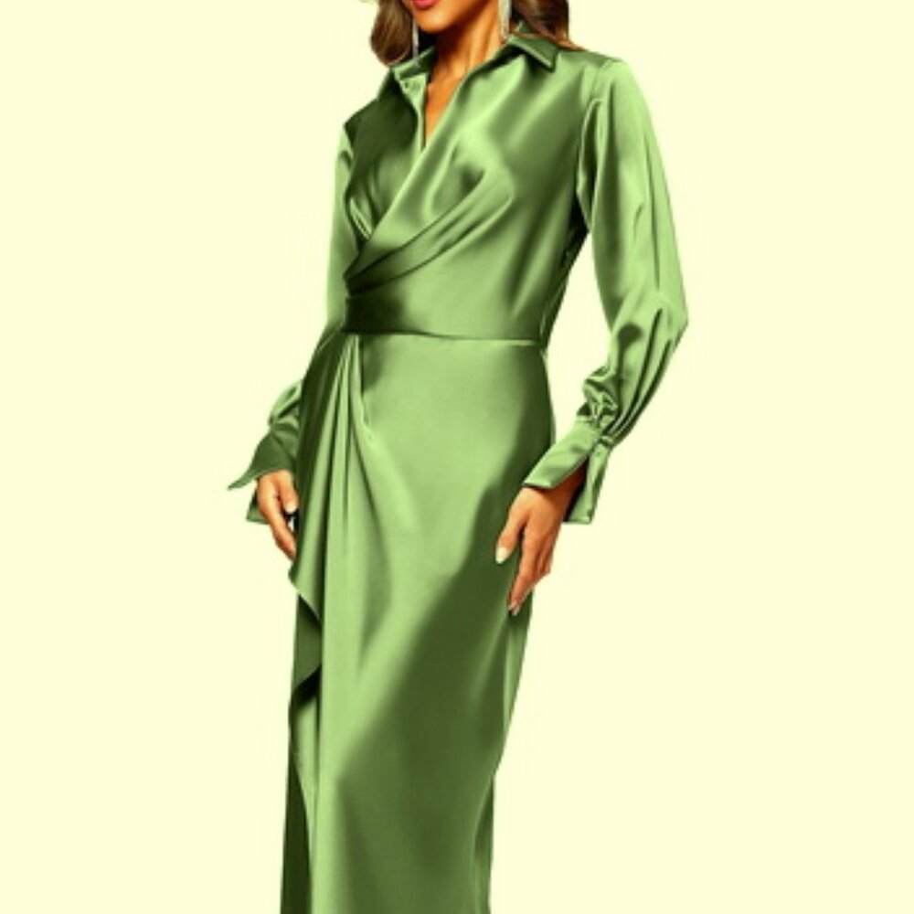 Xscape Olive Green Collar Long Sleeve Satin Gown Dress